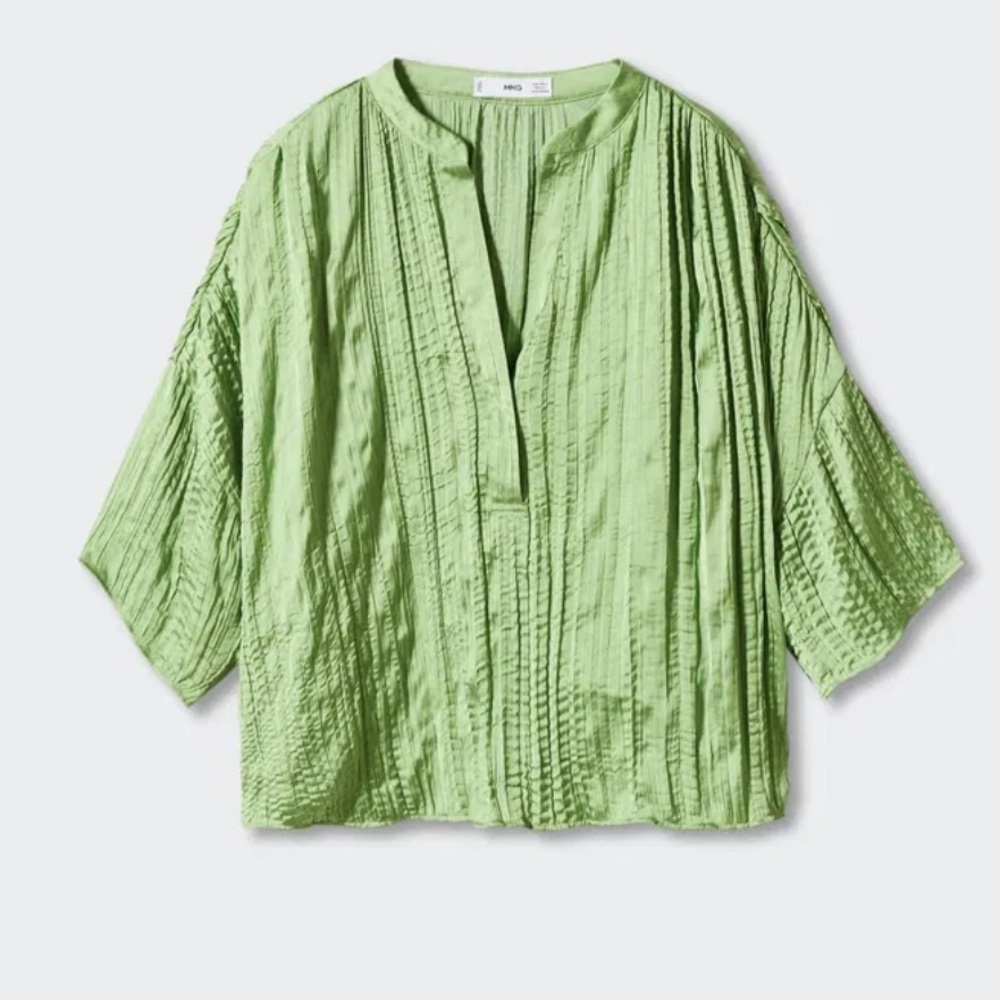 Mango women’s pleated oversized satin green blouse size M